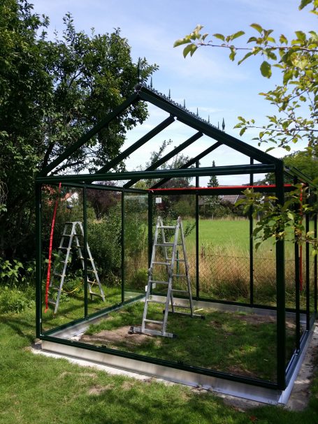 Ein unvollständiges Gewächshaus mit Leitern im Garten, umgeben von Gras und Bäumen.